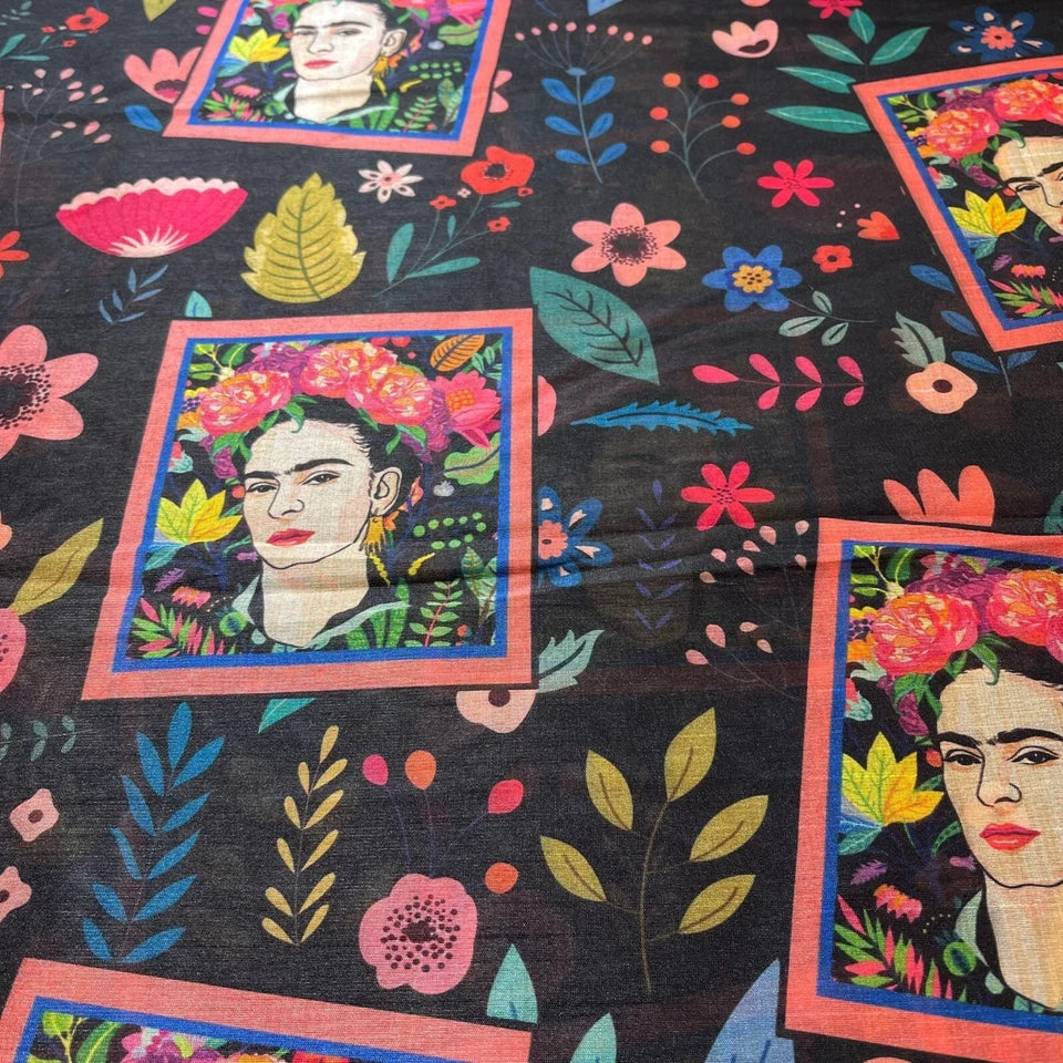 Frida Kahlo Facial Portraits Polyester Raw Silk Material Dress Craft Quilting Fabric 44" By The Meter