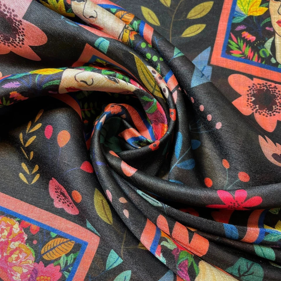 Frida Kahlo Facial Portraits Polyester Raw Silk Material Dress Craft Quilting Fabric 44" By The Meter