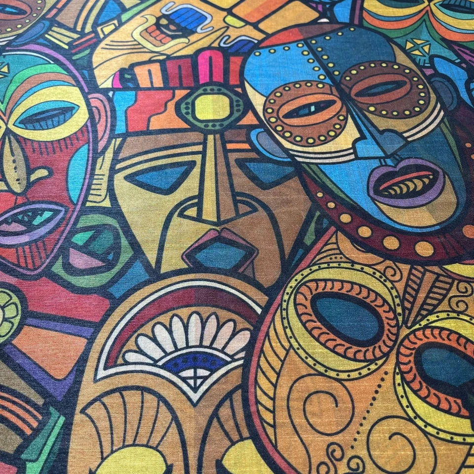 Tribal Facial Portraits Polyester Raw Silk Material Dress Craft Quilting Fabric 44" By The Meter