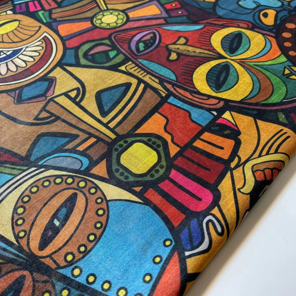 Tribal Facial Portraits Polyester Raw Silk Material Dress Craft Quilting Fabric 44" By The Meter