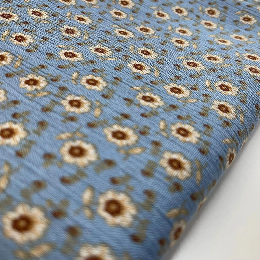 Sky Meadow Crinkle Viscose Fabric – Blue Ditsy Floral Drapey Dress Fabric | Lightweight Soft Material 58” Wide by the Meter