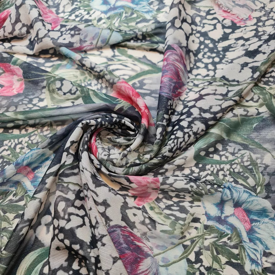 Charcoal Grey Crepe Chiffon Floral Lurex Sheer Dress Drape Craft Fabric 58" By the Meter