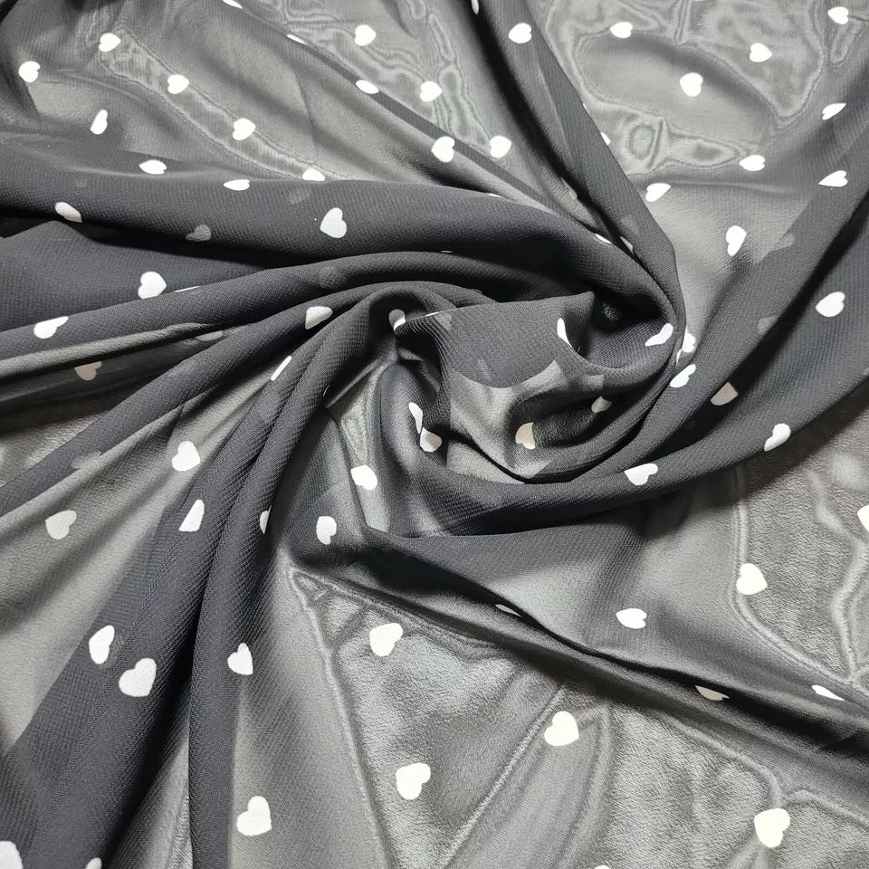 Black Small Ditsy Hearts Soft Sheer Crepe Dress Drape Craft Fabric 58" By The Meter