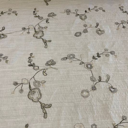 White Metallic Zari Floral Embroidery 100% Cotton Crush Fabric Crinkle Craft Dress Costume Material 50 " By The Meter
