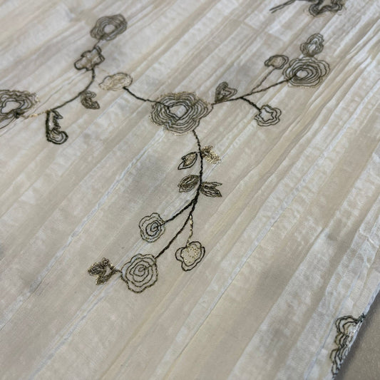 White Metallic Zari Floral Embroidery 100% Cotton Crush Fabric Crinkle Craft Dress Costume Material 50 " By The Meter