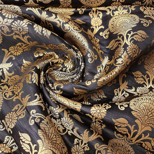 black brocade fabric with floral motifs