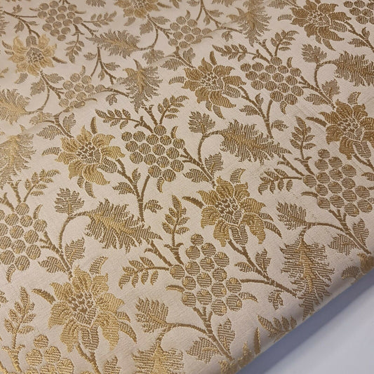 gold brocade fabric with floral print
