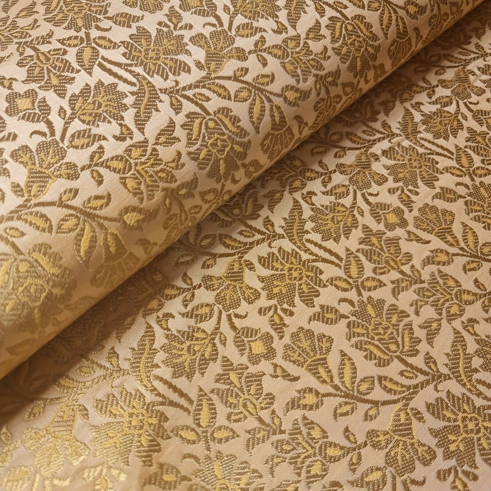 gold brocade fabric with gold floral print