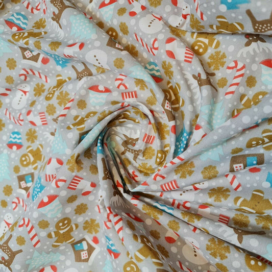 grey christmas polycotton fabric with festive ginger mane print