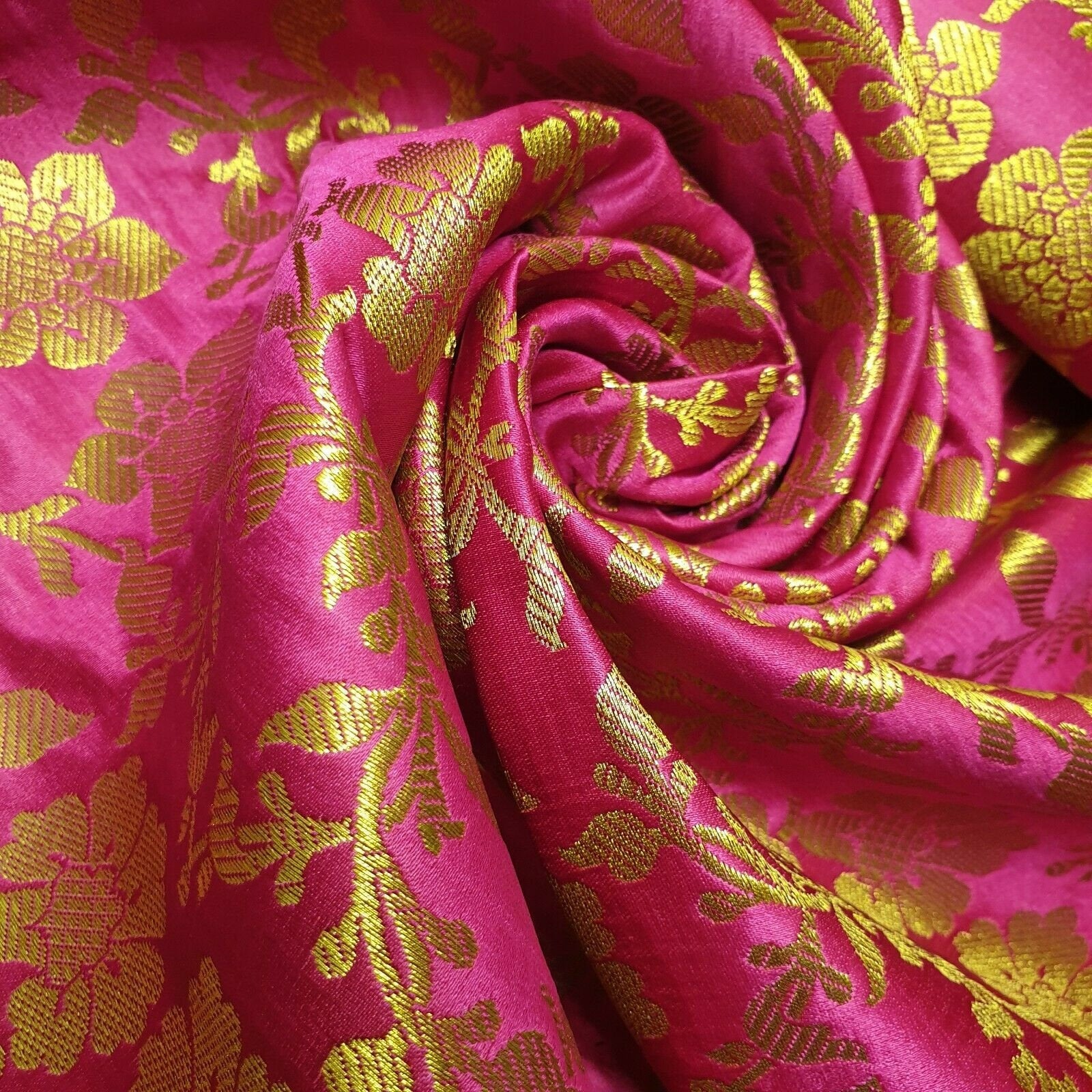hot pink brocade fabric with gold metallic floral print