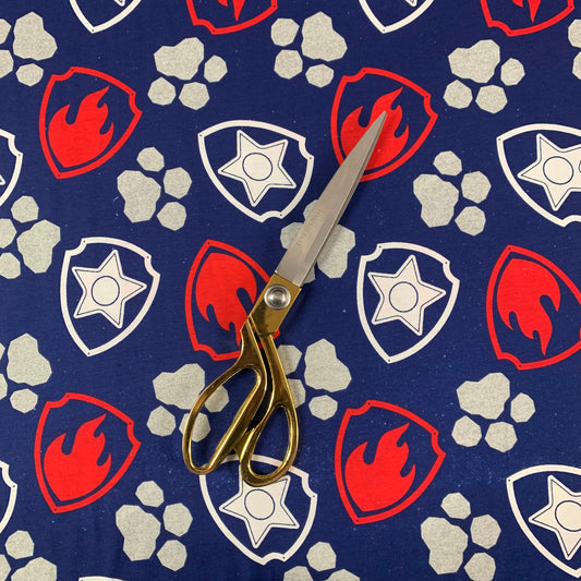 100% Premium Single Cotton Jersey 58" Wide Dark Blue Base with Animal Paw, Fire and Star Crest Print