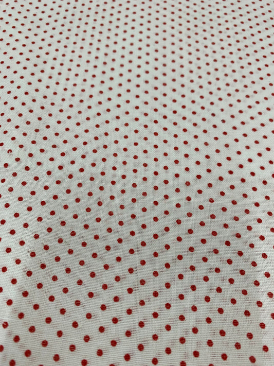 100% Poplin Cotton Dress Crafts Fabric Ditsy Red Polka Dot Print, White Base 58"