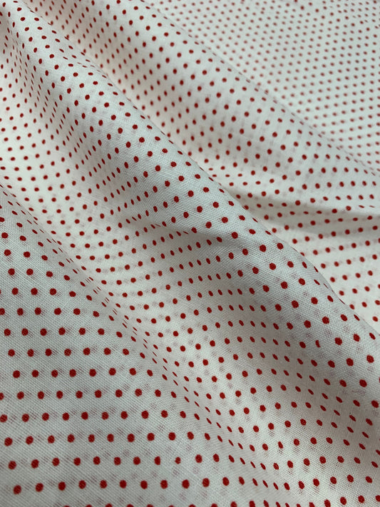 100% Poplin Cotton Dress Crafts Fabric Ditsy Red Polka Dot Print, White Base 58"