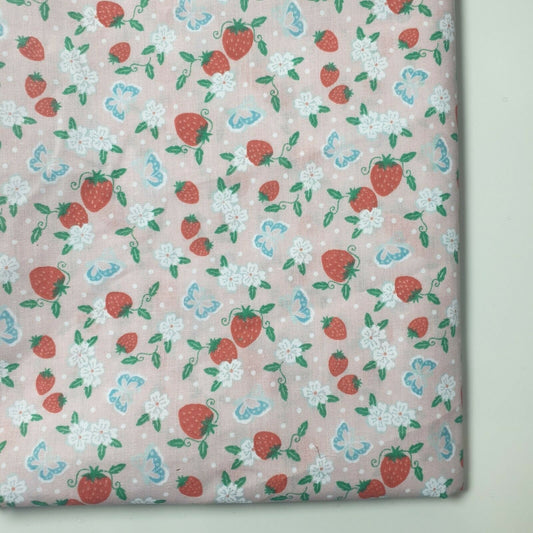 New Floral Polycotton Pink Base Strawberry Craft Dress Fabric 44" By Meter