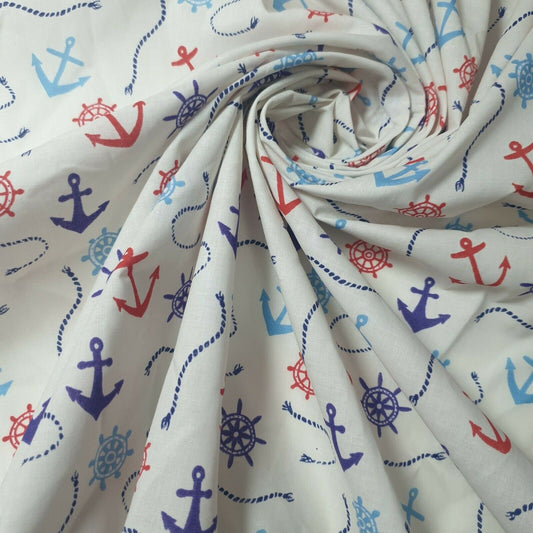 Floral Polycotton Ship Wheel Anchor Rob Print Craft Dress Fabric 44" By Meter
