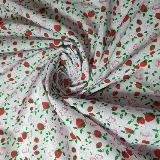 Floral Polycotton Pink Base Strawberry Print Craft Dress Fabric 44" By Meter