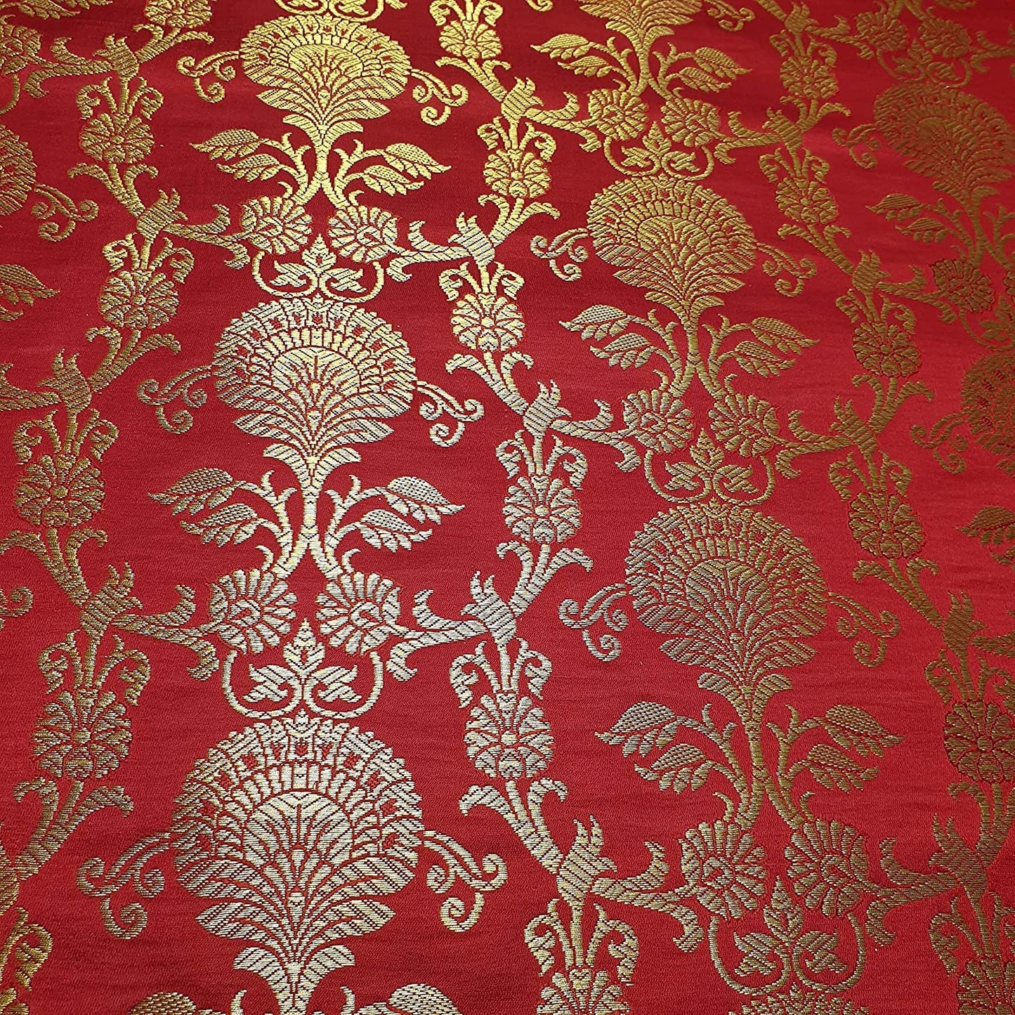 Ornamental Christmas Red Floral Gold Metallic Print Indian Banarasi Brocade Fabric