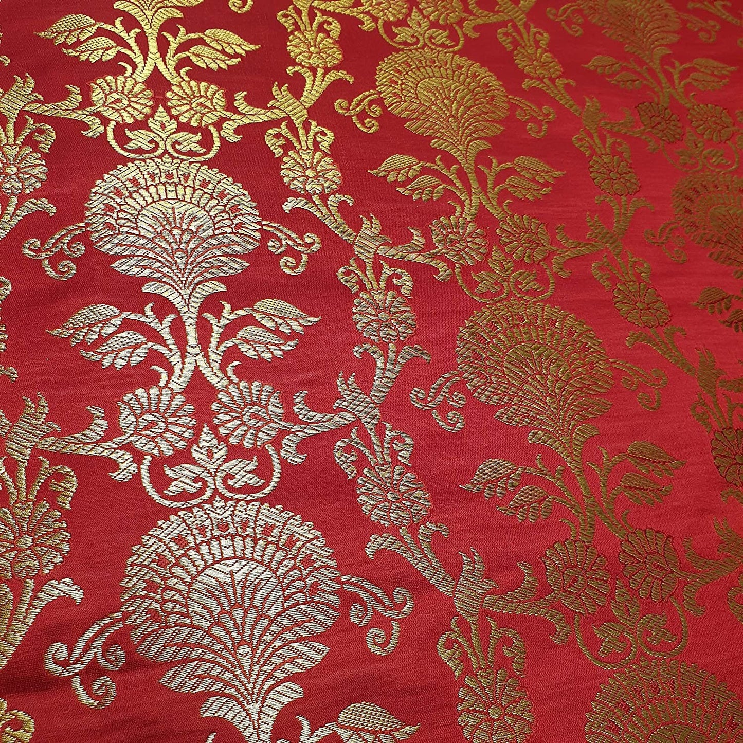 Ornamental Christmas Red Floral Gold Metallic Print Indian Banarasi Brocade Fabric
