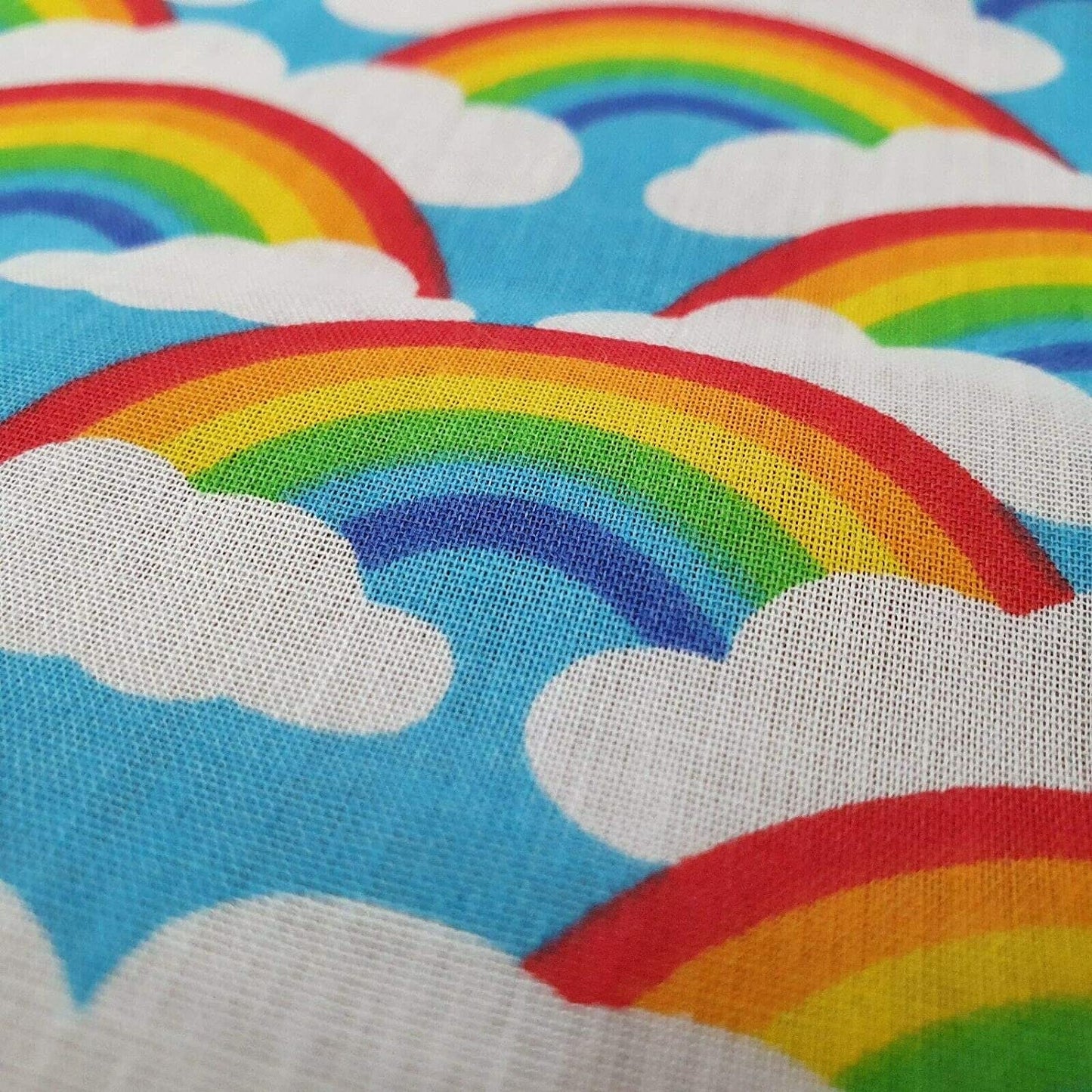 NEW Thankyou NHS Polycotton Rainbows and Clouds Print Fabric by Metre 44" (Sky Blue)