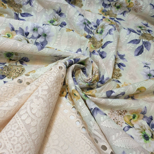 Kleiderstoff aus reiner Baumwolle mit Lochstickerei und Blumendruck (Limettengelbe Blumen)