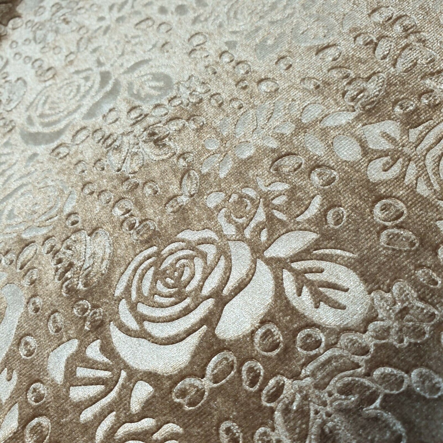 Roses Floral Embossed Velvet Velour Dress Craft Cushion Fabric By The Meter 58" (Taupe)