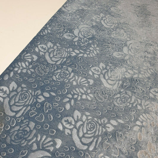 Samtstoff mit Rosen-Blumenprägung, Velours, für Kleider, Bastelkissen, Meterware, 147,3 cm (Enteneiblau)