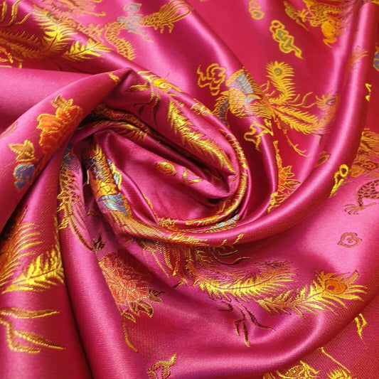 Traditional Chinese Embroidered Brocade Poly Silky Satin Oriental Dragon Print By the Meter (Hot Pink)