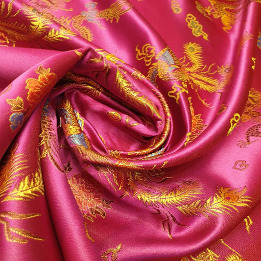 Traditioneller chinesischer bestickter Brokat, seidiger Poly-Satin, orientalischer Drachendruck, meterweise (Hot Pink)