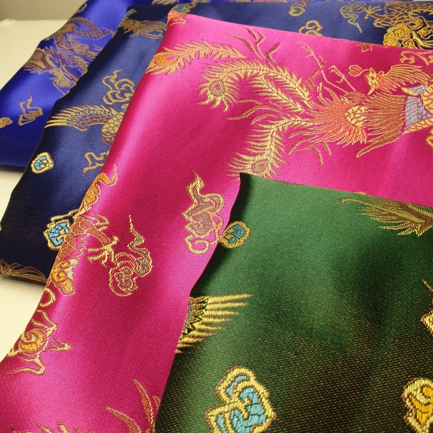 Traditional Chinese Embroidered Brocade Poly Silky Satin Oriental Dragon Print By the Meter (Hot Pink)