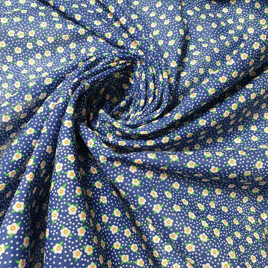 New Floral Polycotton Blue Base White Flowers Craft Dress Fabric 44" By Meter