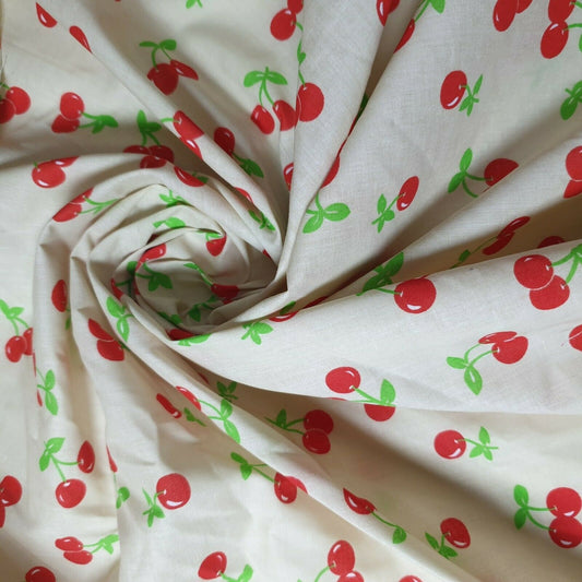 Floral Polycotton Cream Base Cherry Print Craft Dress Fabric 44" By the Meter
