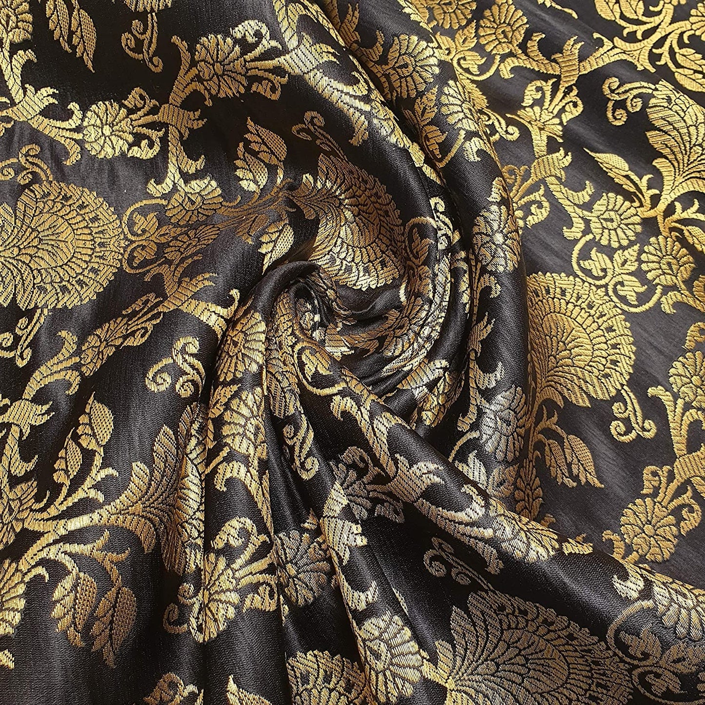 Ornamental Black Floral Gold Metallic Indian Banarasi Brocade Fabric Handloom Premium Fabric By The Meter AM-01