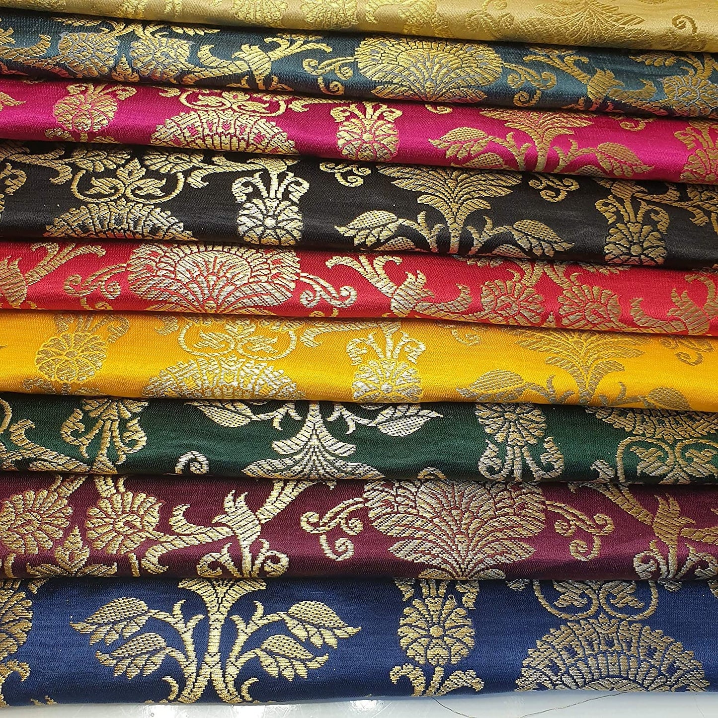 Ornamental Christmas (French Navy) Floral Gold Metallic Print Indian Banarasi Brocade Fabric