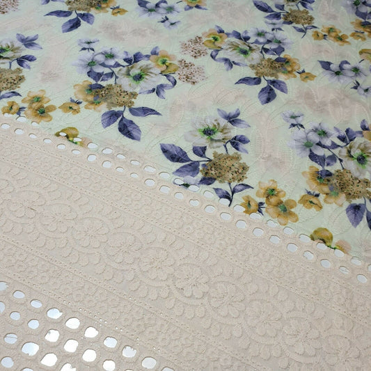 Kleiderstoff aus reiner Baumwolle mit Lochstickerei und Blumendruck (Limettengelbe Blumen)
