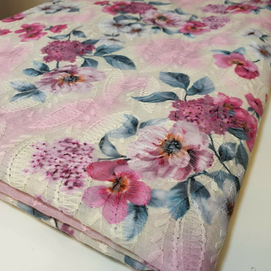 Kleiderstoff aus reiner Baumwolle mit Lochstickerei und Blumenmuster, Randstickerei (rosa, rosa Blumen)