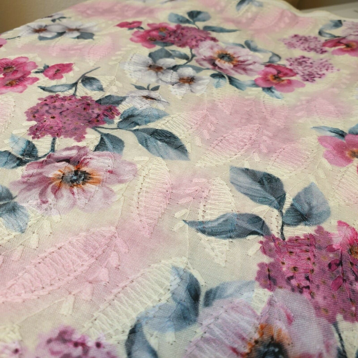 Pure Cotton Broderie Anglaise Floral Print Embroidery Hole Border Dress Fabric (Pink Pink Flowers)