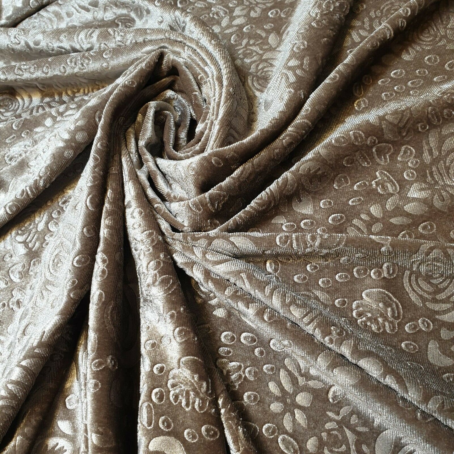 Roses Floral Embossed Velvet Velour Dress Craft Cushion Fabric By The Meter 58" (Taupe)