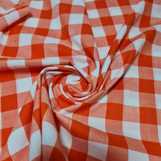 Polycotton Fabric 1" Gingham Check Material Dress Craft Uniform Checked 112cm  (Orange)