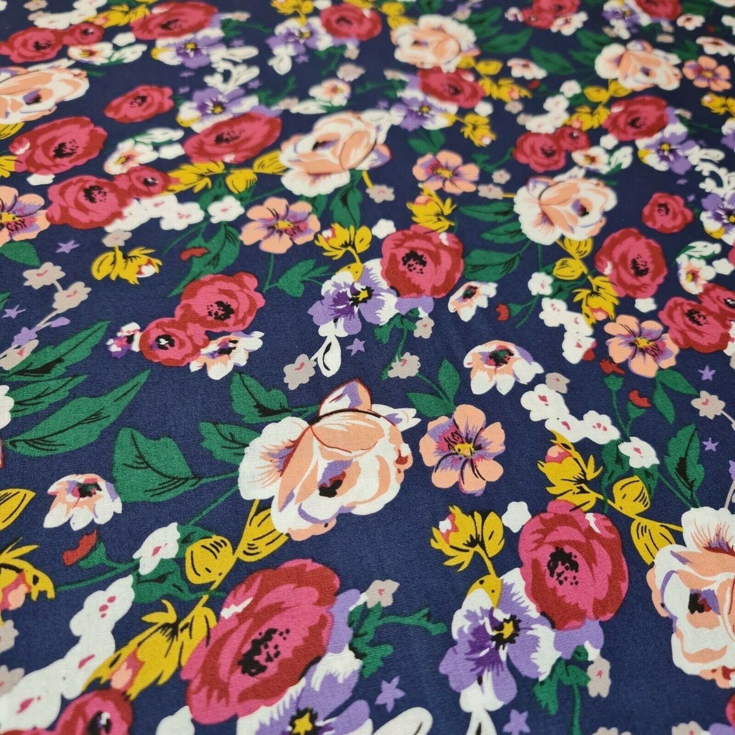 100% Cotton Poplin Floral Rose Print Spring Fabric Dress Craft Soft Fabric 58" (Navy Base)