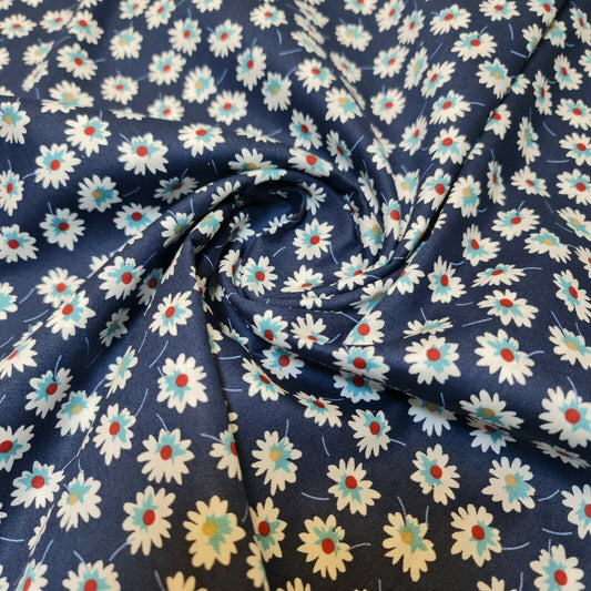 100% Cotton Poplin Floral Spring Bloom Print Fabric Dress Craft Soft Fabric 58" (Navy Blue)