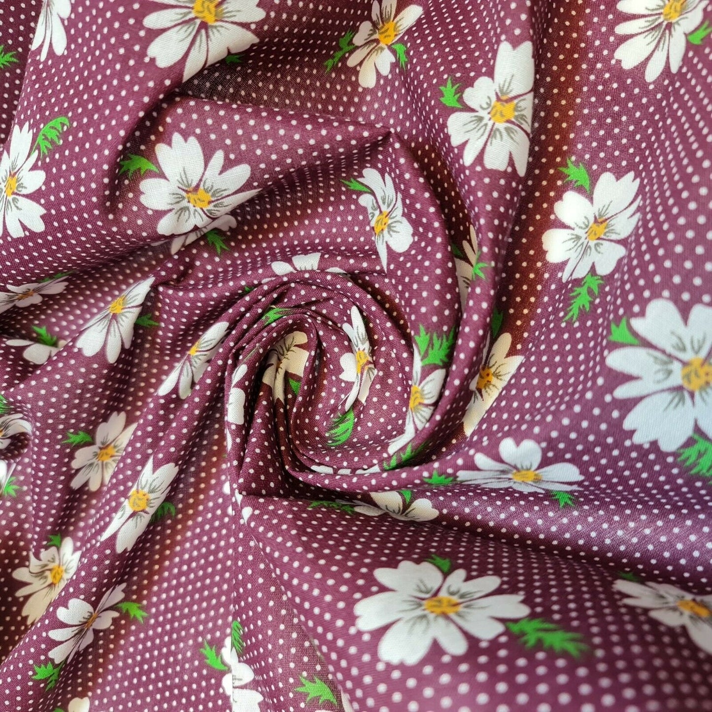 Spring Daisy Flower Print Polycotton Craft Dress Quilt Fabric By The Meter 44" (Plum Base)