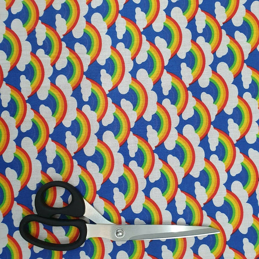 Blue Rainbow Clouds Polycotton Fabric – Bright Fun Print for Dressmaking, Quilting, Crafts & Sewing – Kids Fabric by the Metre