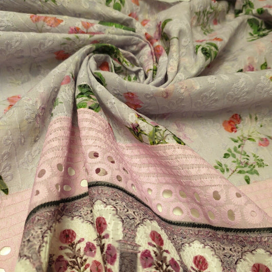 Bedruckter Broderie Anglaise-Stoff, 100 % Baumwolle, weicher Batist, Kleiderloch-Bordürenstoff, 121,9 cm (Muster 1)