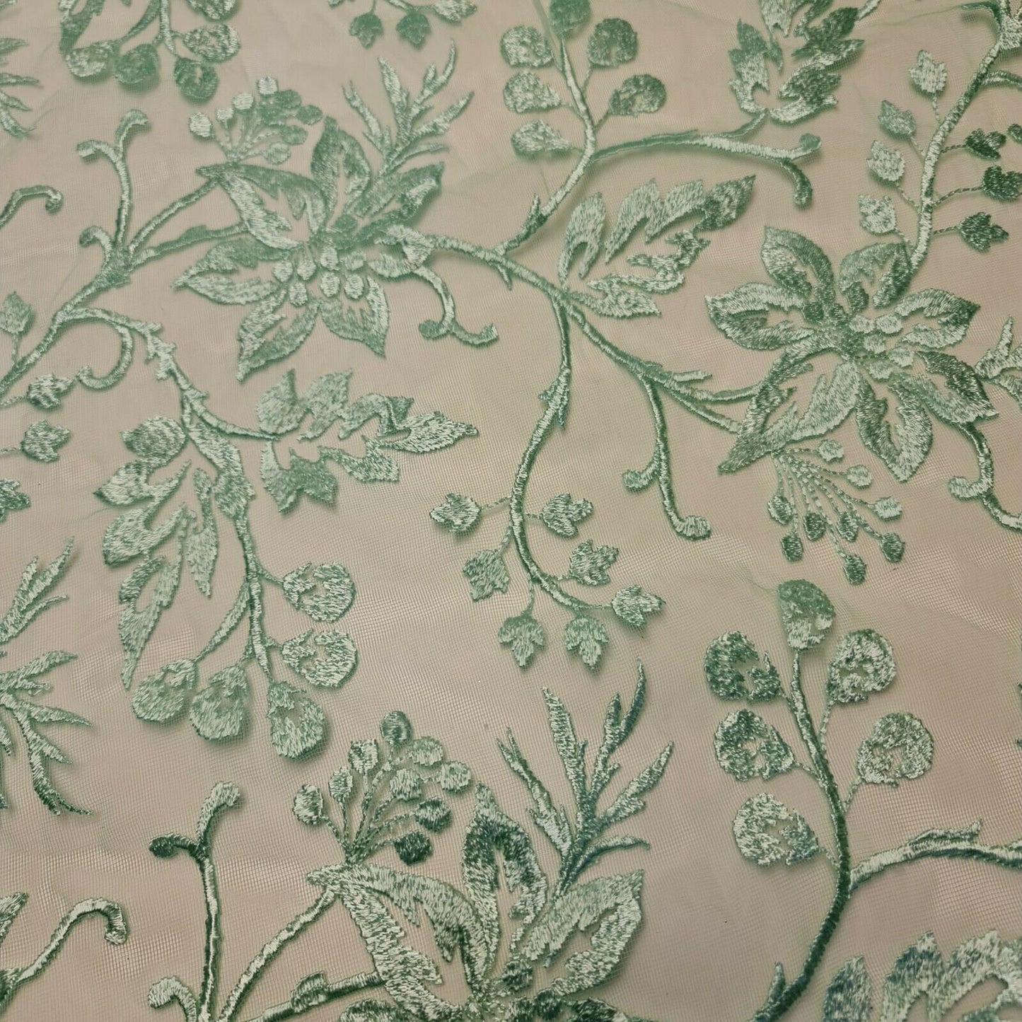 Premium Soft Tone To Tone Net Thread Floral Embroidery Dressmaking Fabric 44" (Mint)