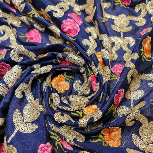 Faden-Pailletten-Blumenstickerei, gekräuselter Krepp-Chiffon-Kleiderstoff, Bastelstoff, 111,8 cm (blau)