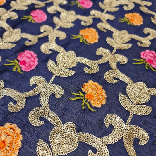 Faden-Pailletten-Blumenstickerei, gekräuselter Krepp-Chiffon-Kleiderstoff, Bastelstoff, 111,8 cm (blau)