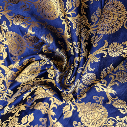 French Navy PEACOCK TRAIL Floral Gold Metallic Banarasi Brocade Fabric – Premium Handloom Indian Fabric (by the Metre)