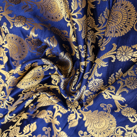 Ornamental Christmas (French Navy) Floral Gold Metallic Print Indian Banarasi Brocade Fabric