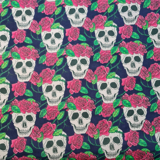 Skulls And Roses Polycotton Fabric Soft Craft Spooky Material By the Meter 44" (Blue)