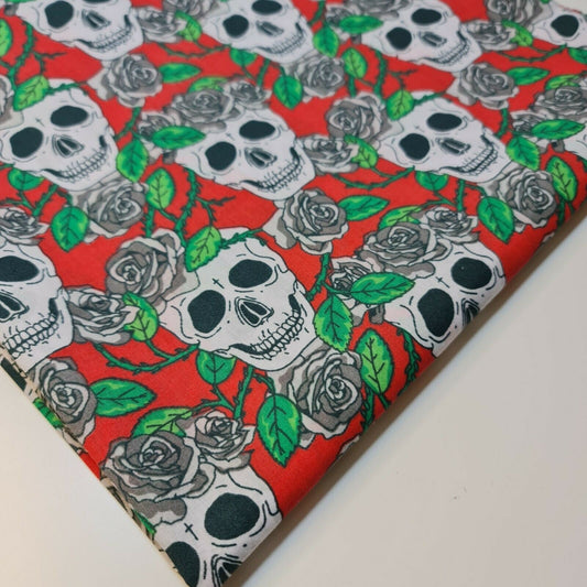 Skulls And Roses Polycotton Fabric Soft Craft Spooky Material By the Meter 44" (Red)